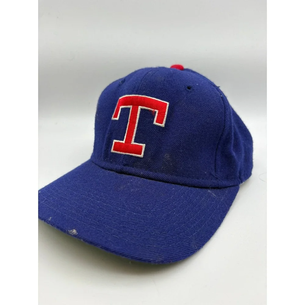 VTG 90s Texas Rangers Wool Fitted Hat Cap Mens 7 Blue Red Block T MLB Baseball